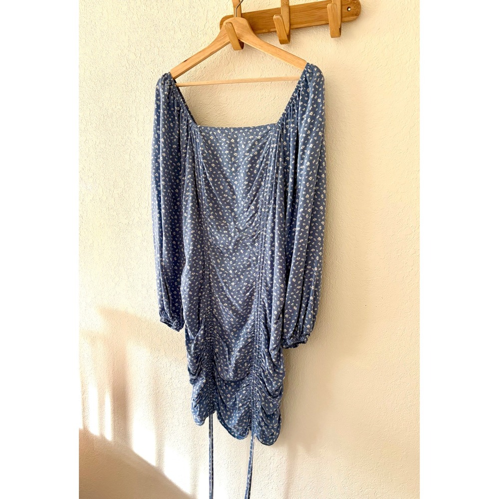 Wild Fable Women XL Blue Floral Square Neck Ruched Long Sleeve Mini Dress